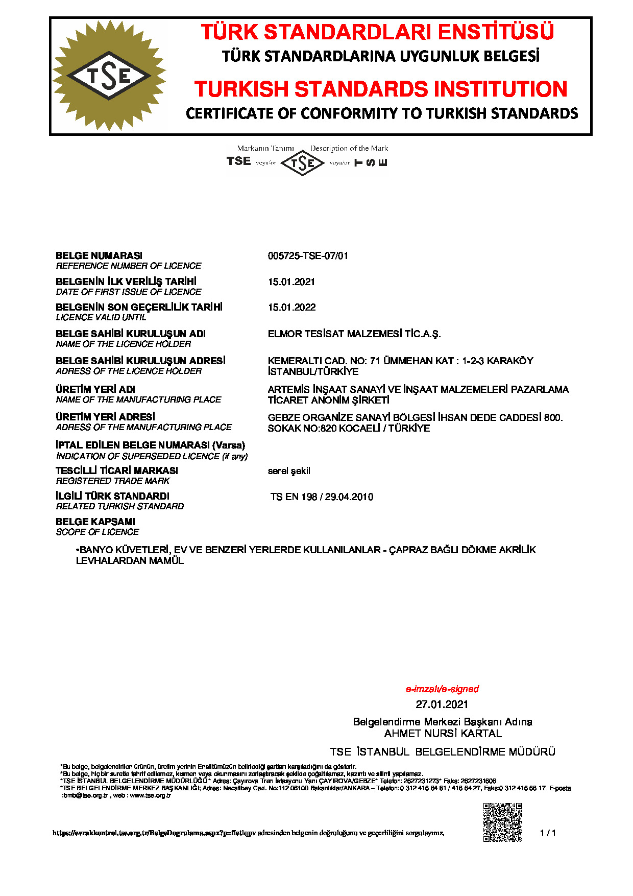 SEREL Akrilik TS EN 198 BANYO KÜVETLERİ