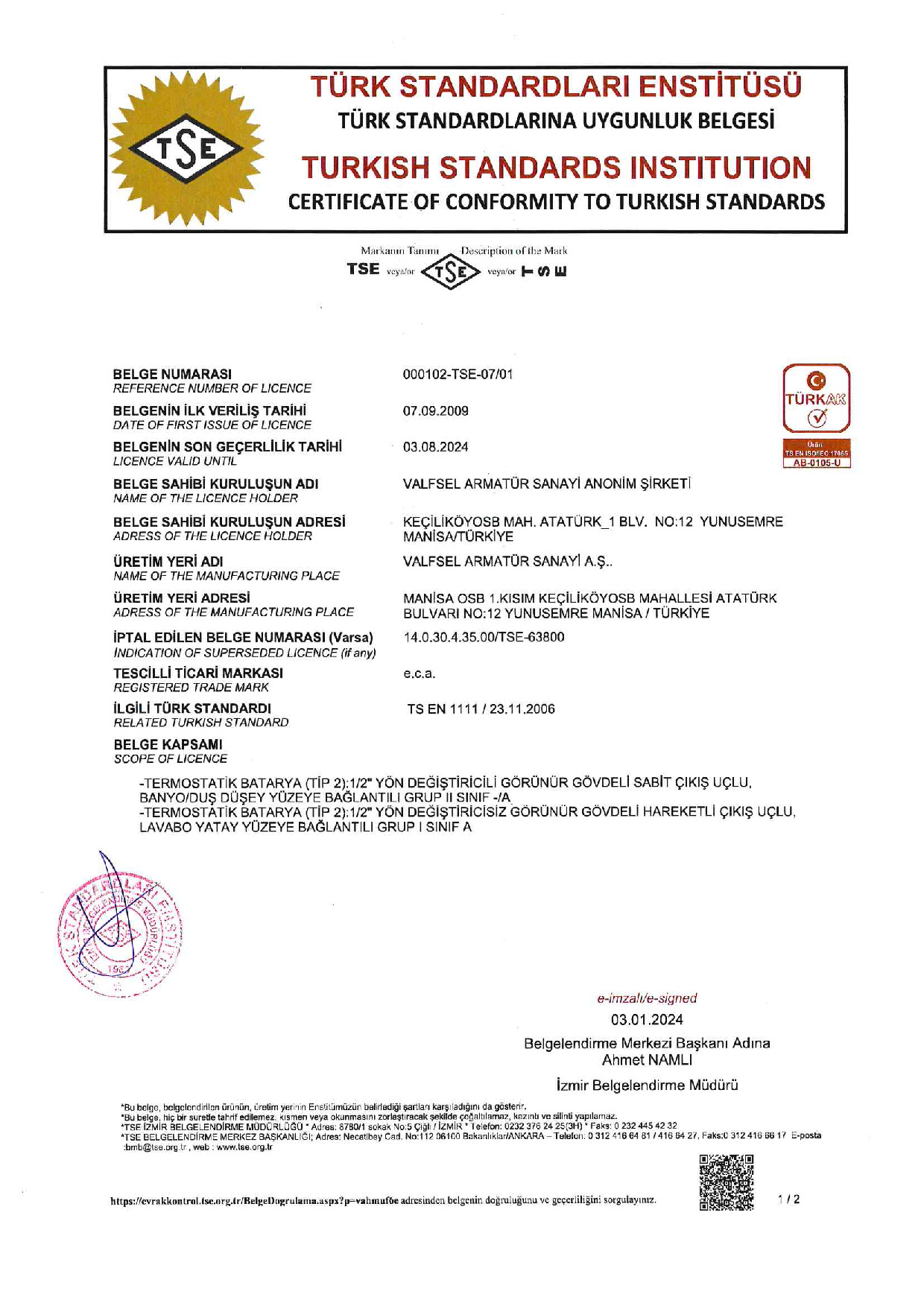 TS EN 1111 Thermostatic Mixers