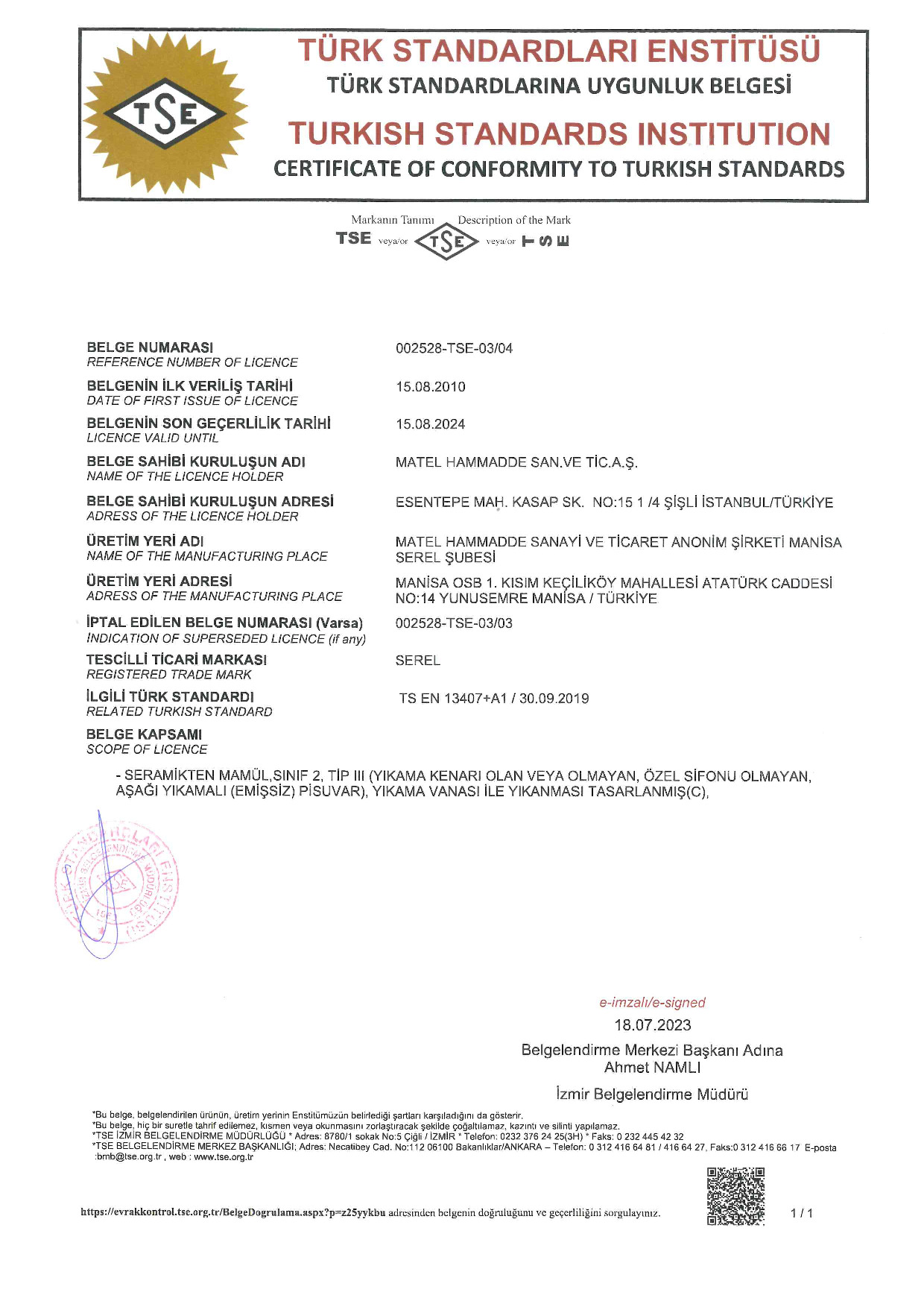 TS EN 13407 SEREL PİSUVARLAR 