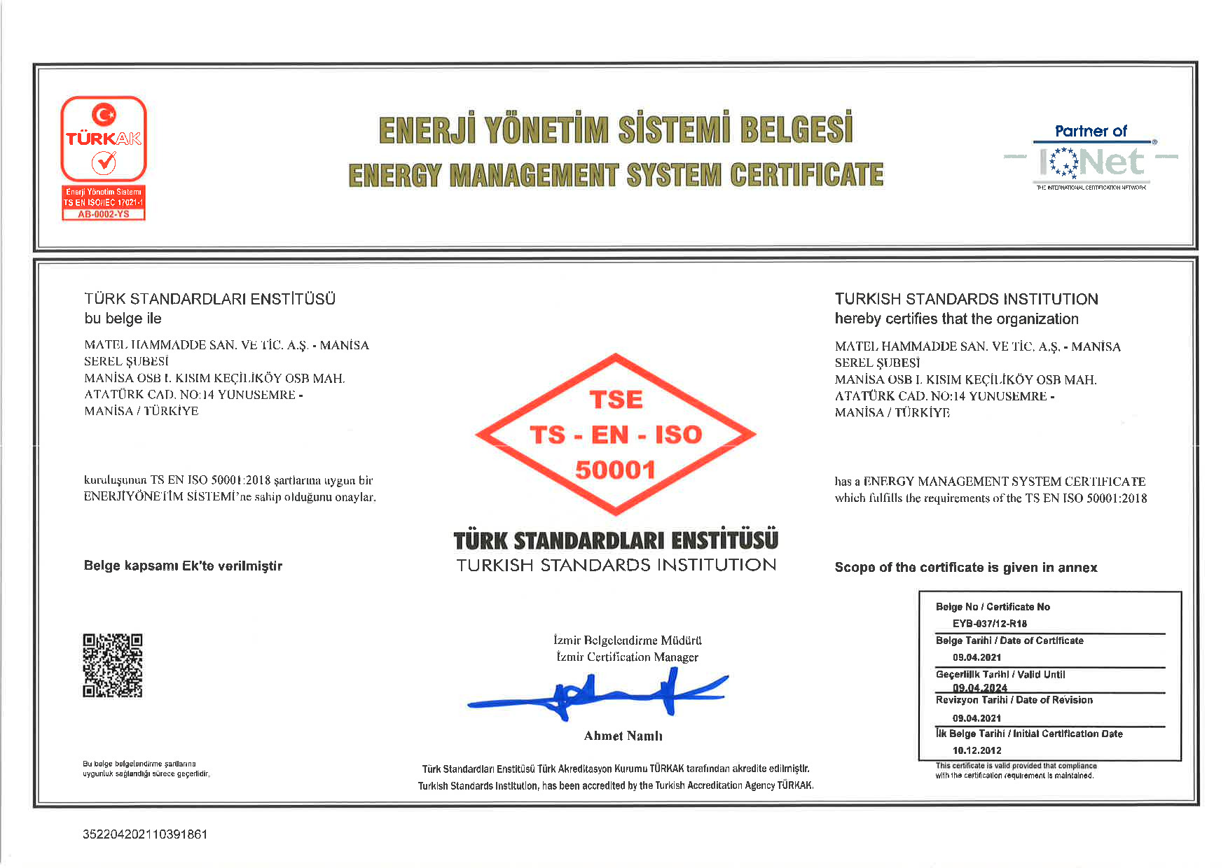 TS EN ISO 50001ENERJİ YÖNETİM SİSTEMİ BELGESİ