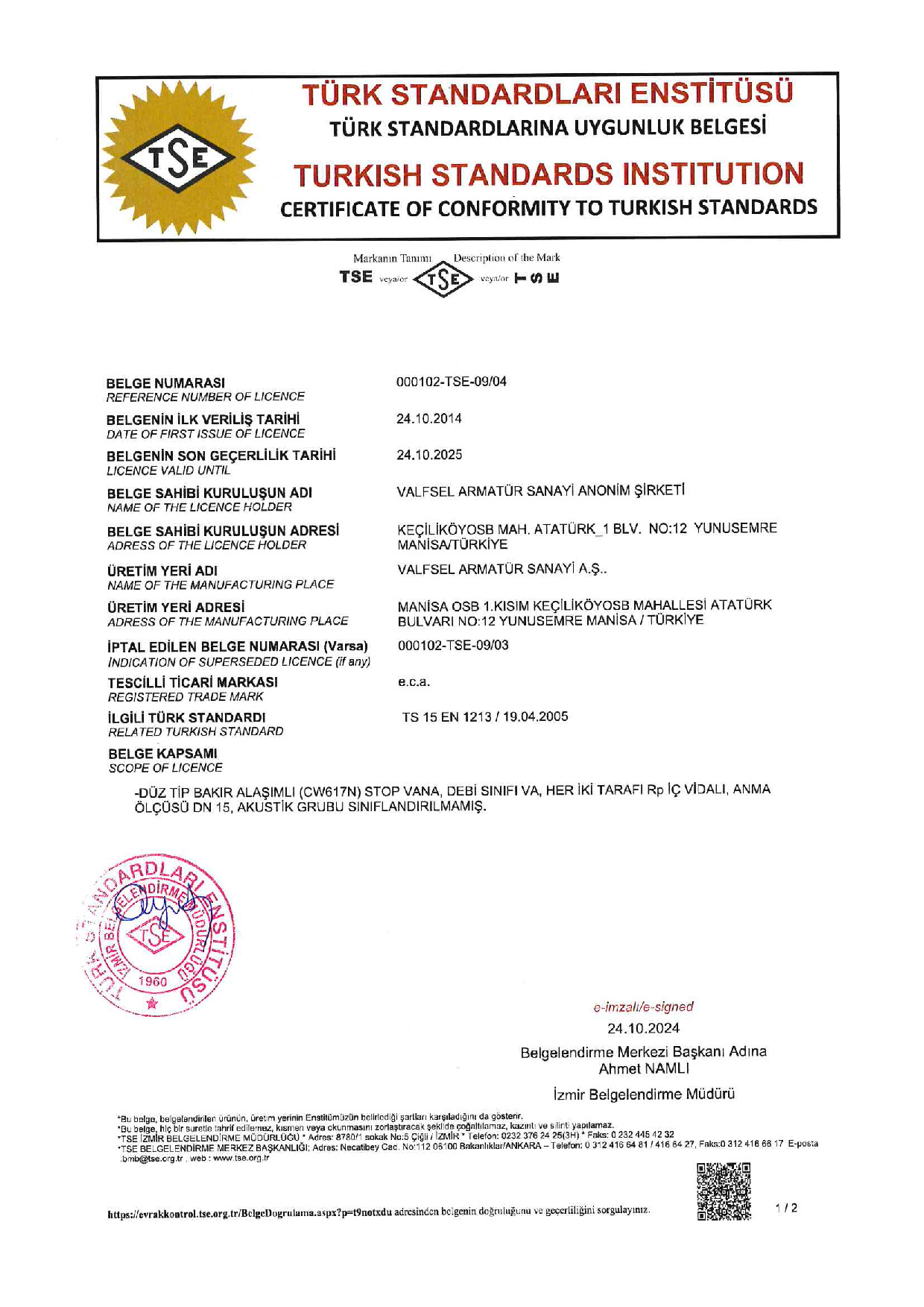TS 15 EN 1213 - Stop Valves