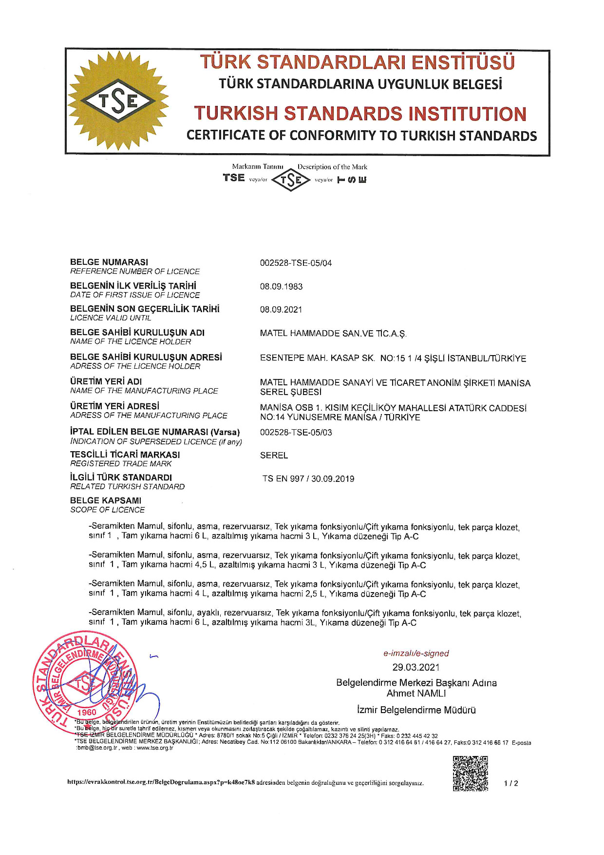 SEREL TS EN 997 KLOZETLER