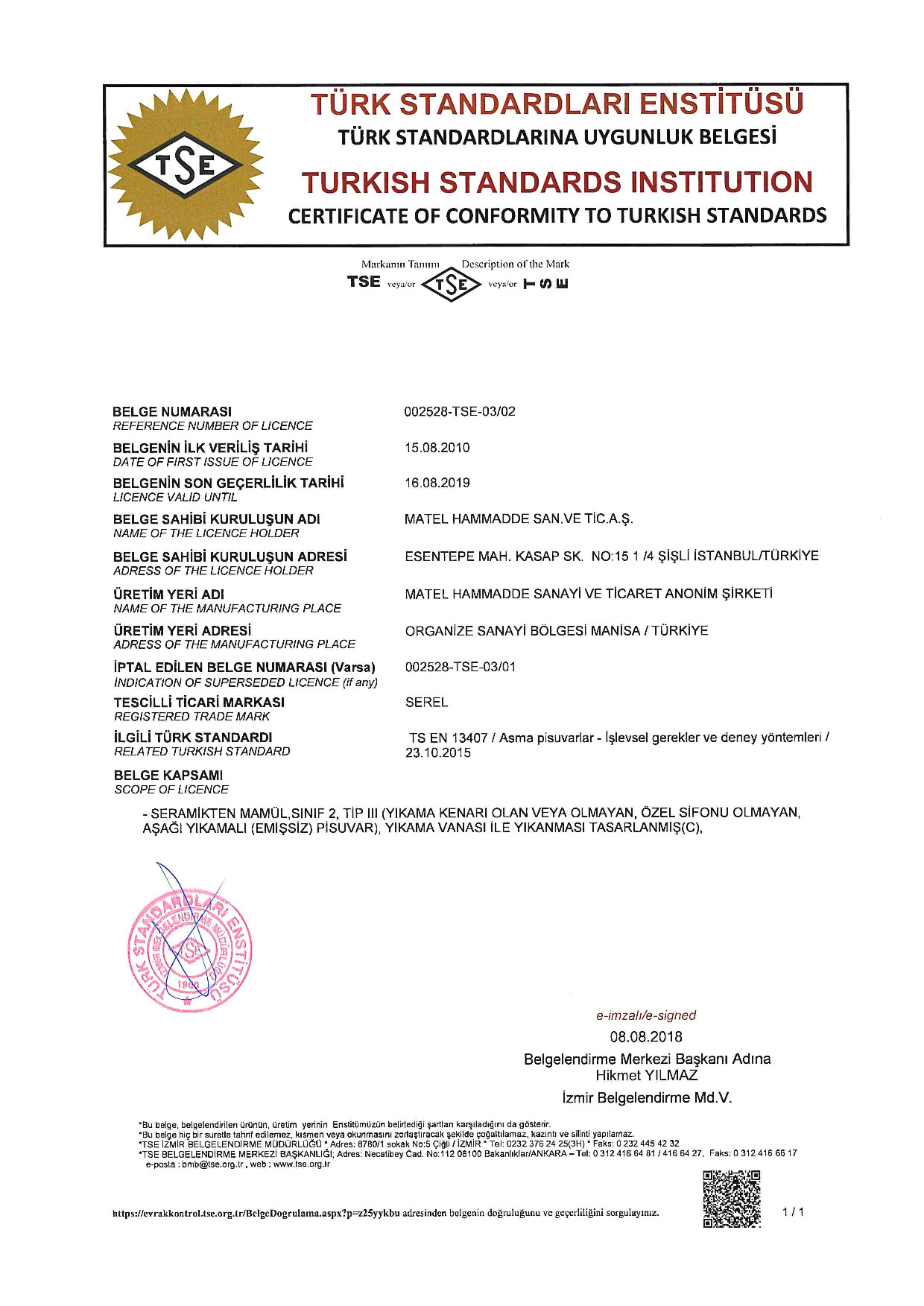 SEREL TS EN 13407 ASMA PİSUARLAR