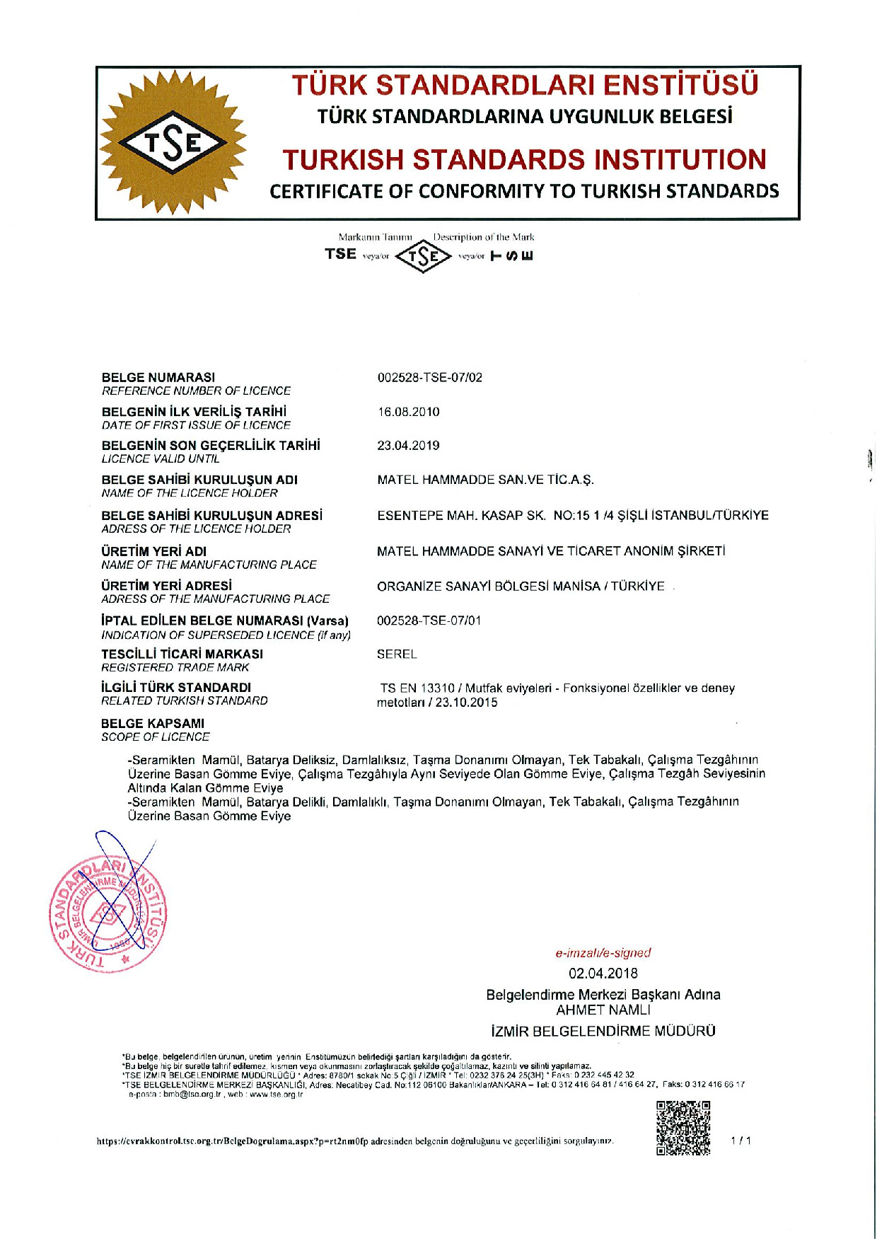 SEREL TS EN 13310 MUTFAK EVİYELERİ