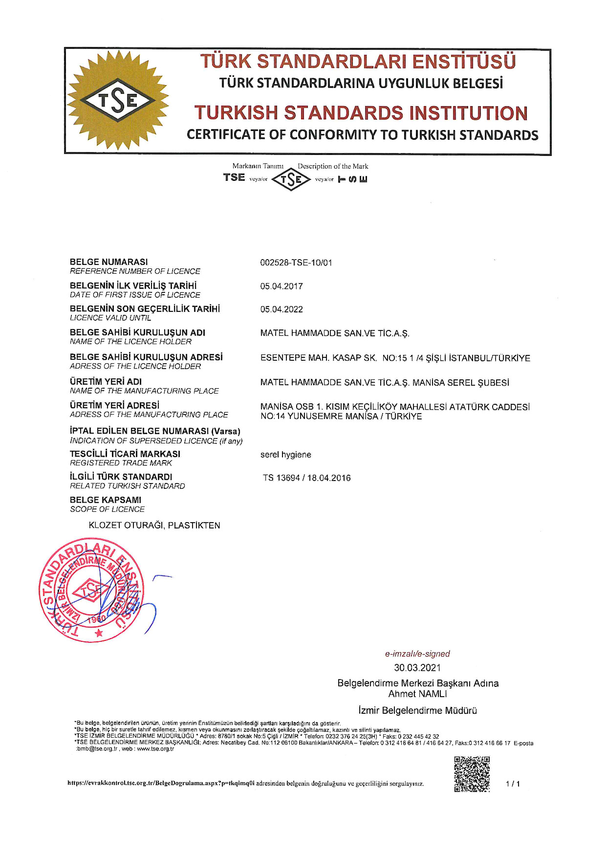 SEREL TS 13694 KLOZET KAPAKLARI