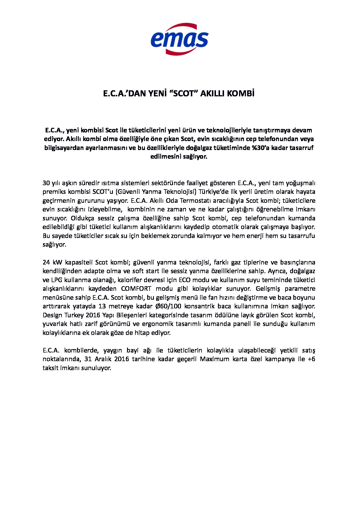 E.C.A.'dan Yeni Scot Akıllı Kombi