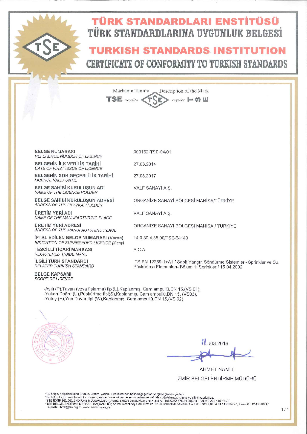 TS EN 12259-1 Sprinkler