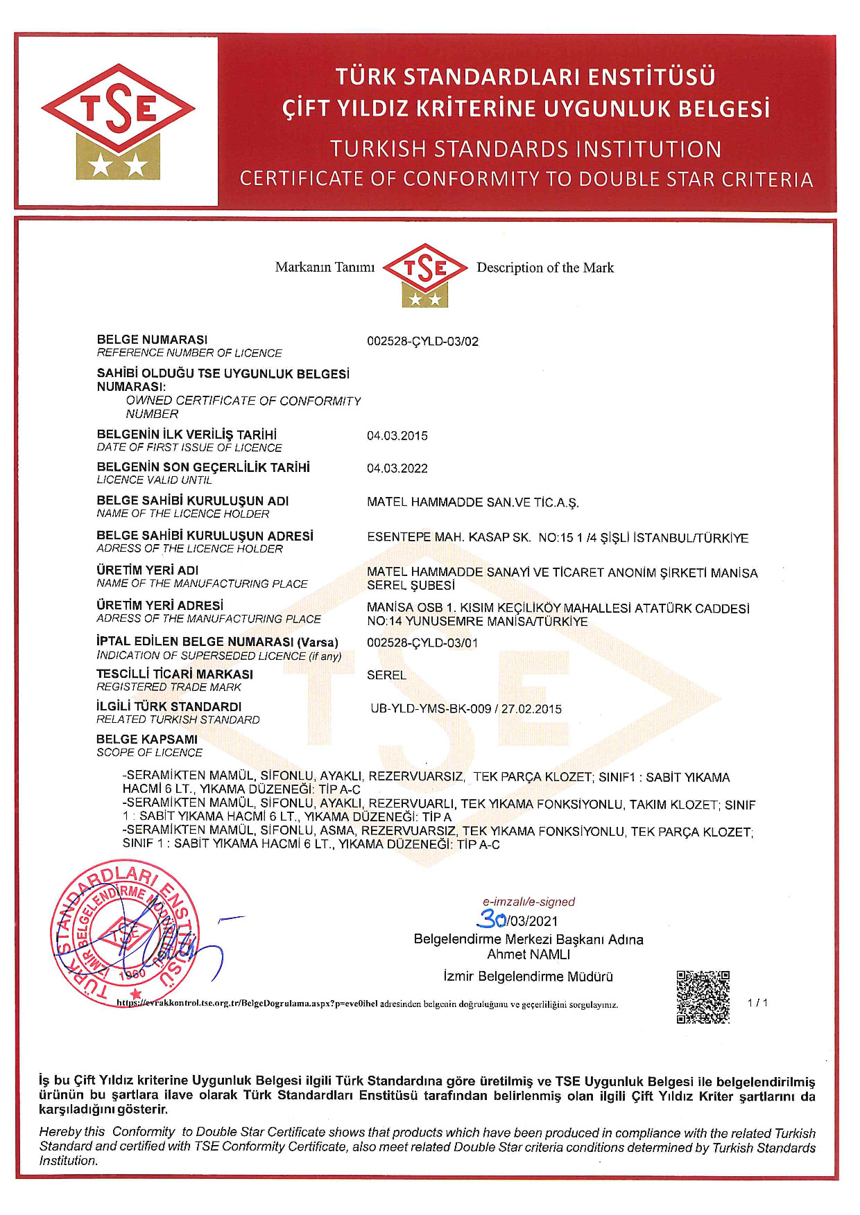 KLOZETLER TSE ÇİFT YILDIZ