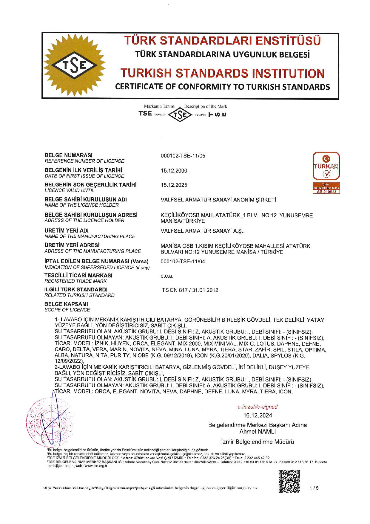 TS EN 817 Single Controled Faucets